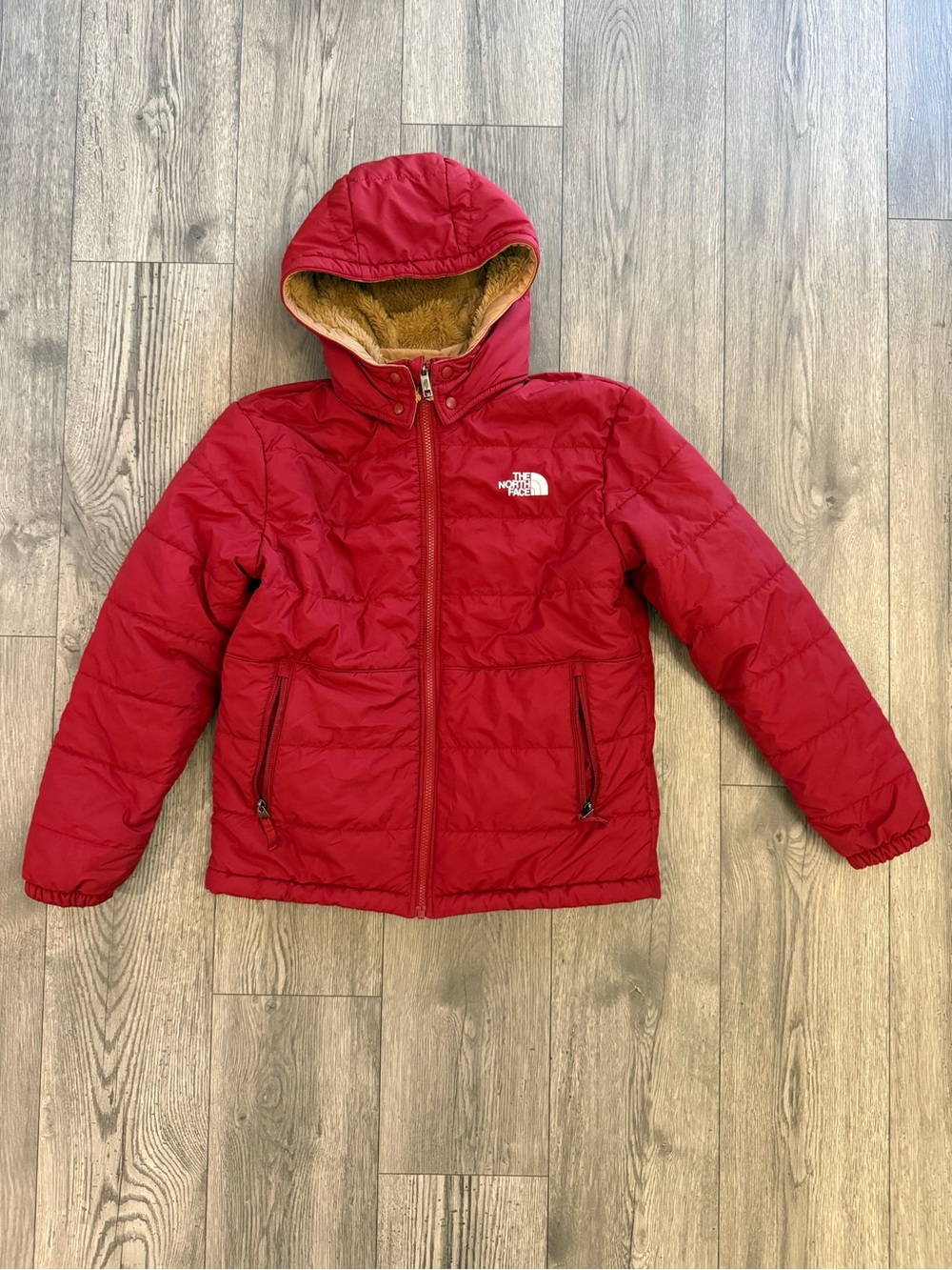 The North Face Red & Tan Reversible Sherpa Fleece Youth XL ( 14/16) Puffer Coat